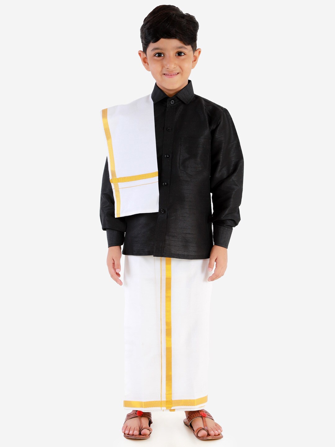 

VASTRAMAY Boys Shirt With Veshti & Dupatta Set, Black
