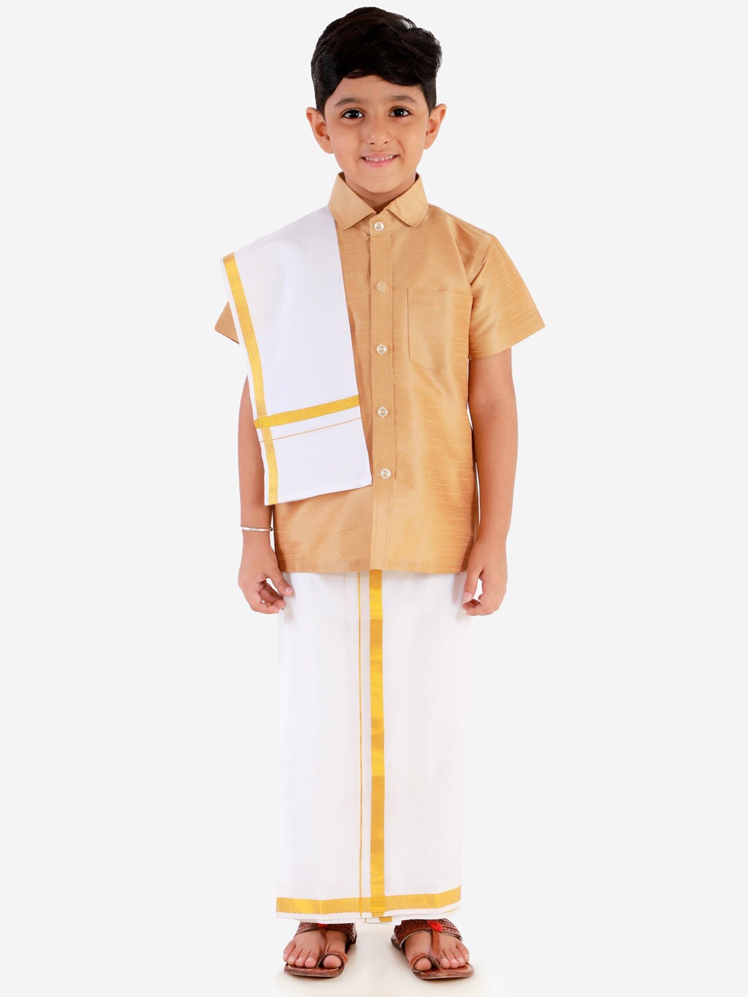 

VASTRAMAY Boys Shirt With Veshti & Dupatta Set, Rose gold