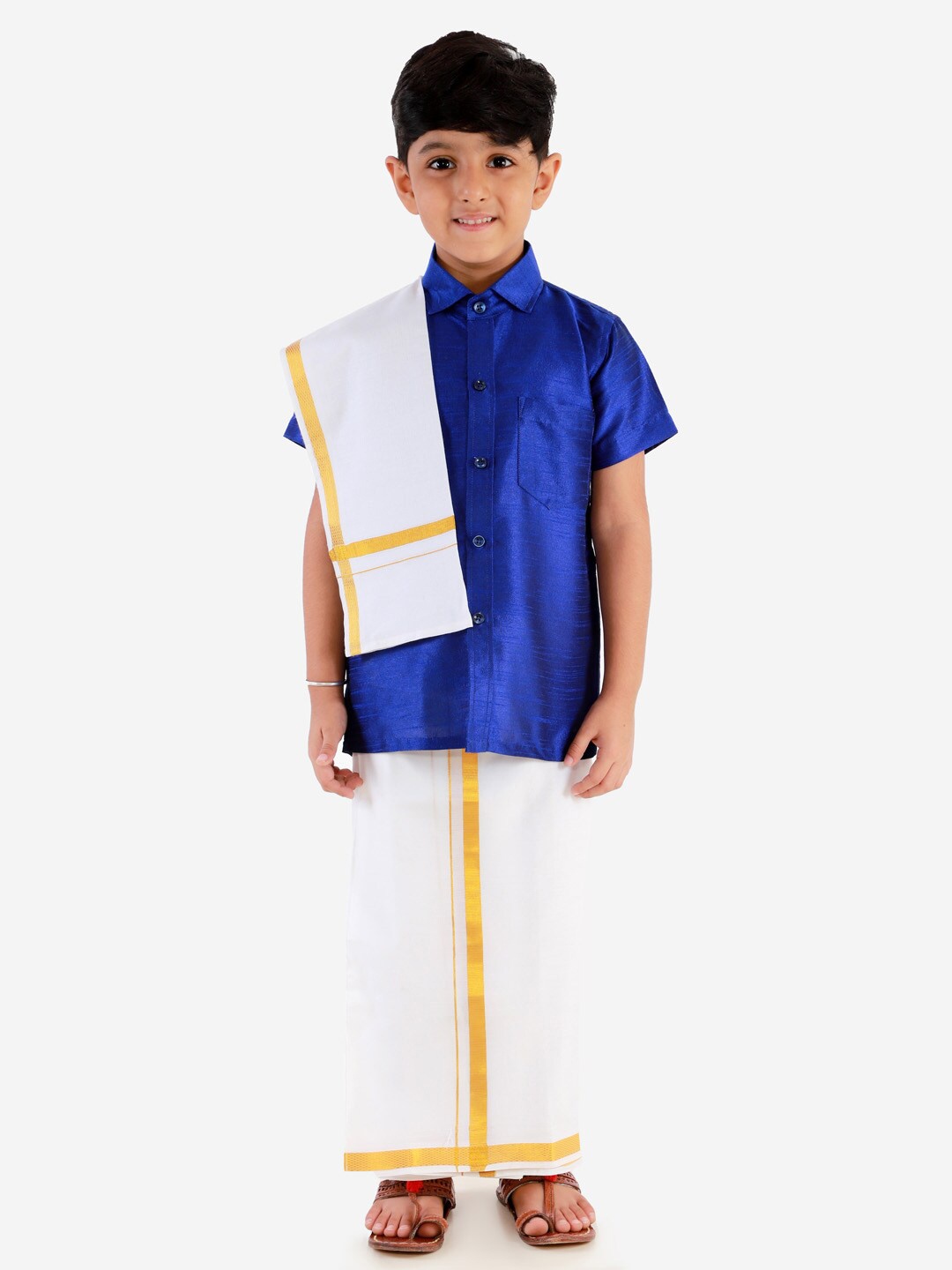 

VASTRAMAY Boys Shirt With Veshti & Dupatta Set, Blue