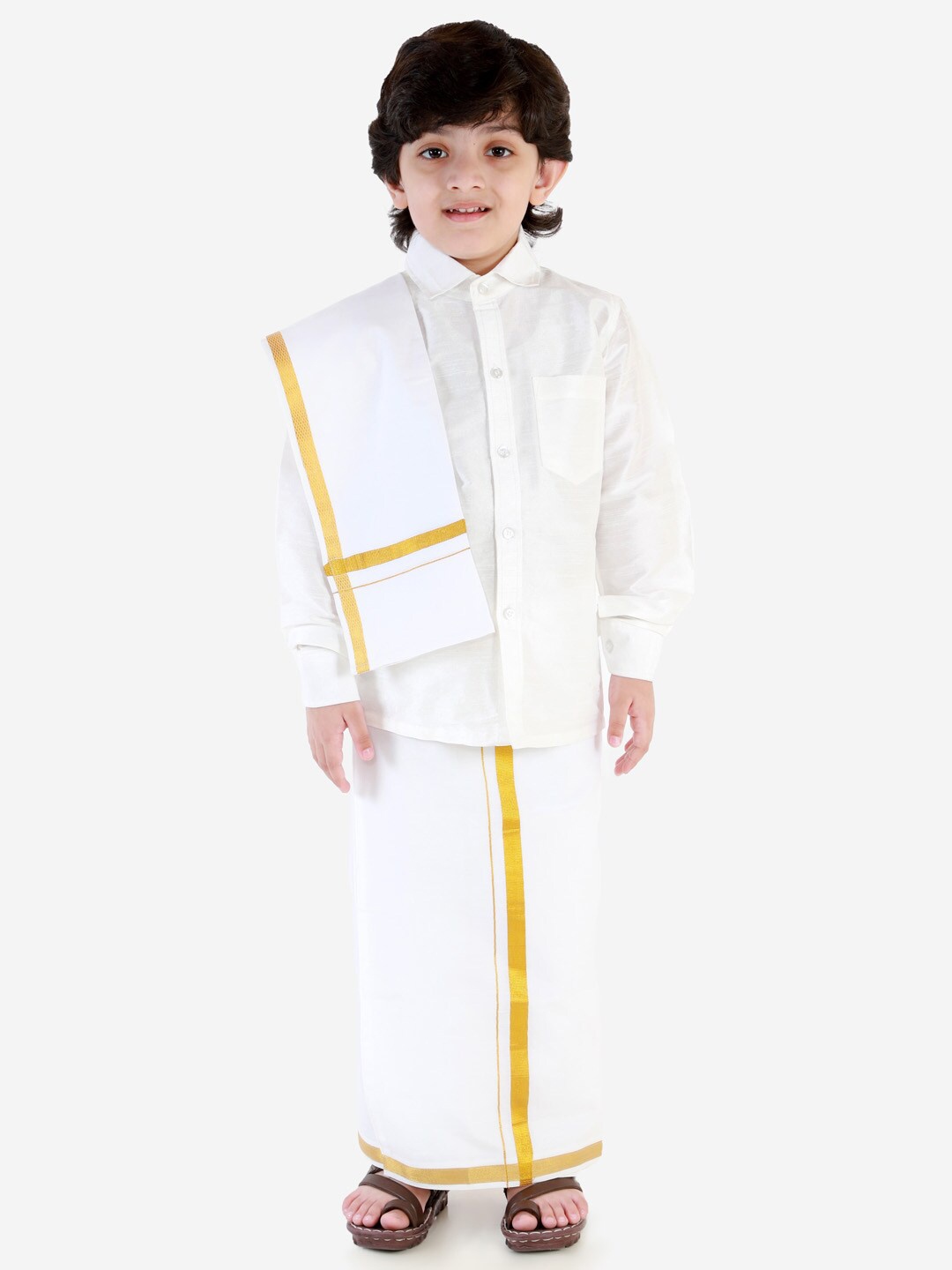 

VASTRAMAY Boys Shirt With Veshti & Dupatta Set, White