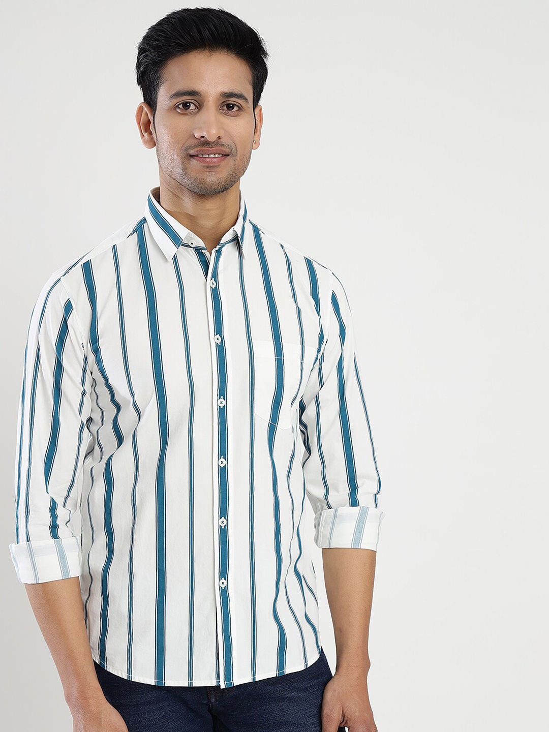 

Greenfibre Slim Fit Spread Collar Striped Cotton Casual Shirt, White