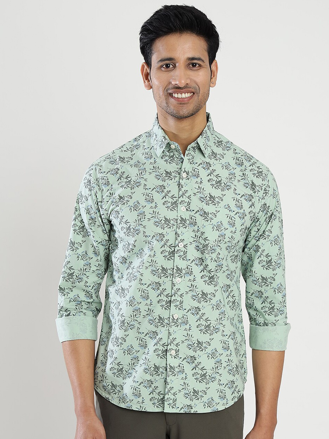 

Greenfibre Slim Fit Floral Printed Spread Collar Cotton Casual Shirt, Green