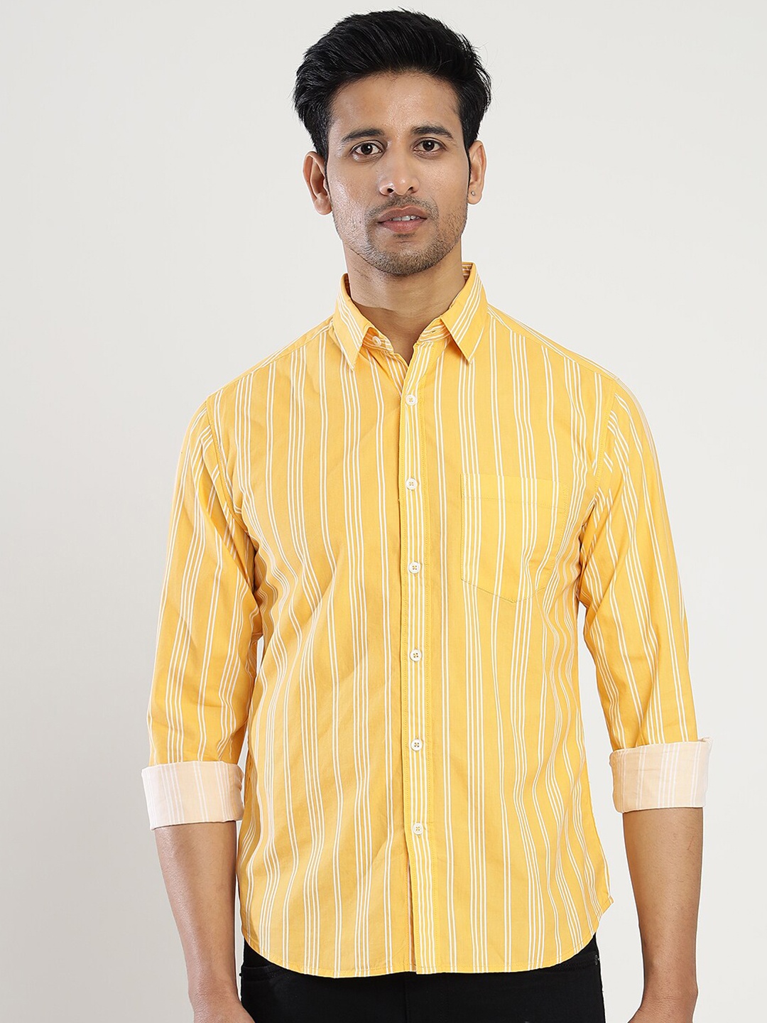 

Greenfibre Slim Fit Vertical Striped Cotton Casual Shirt, Yellow