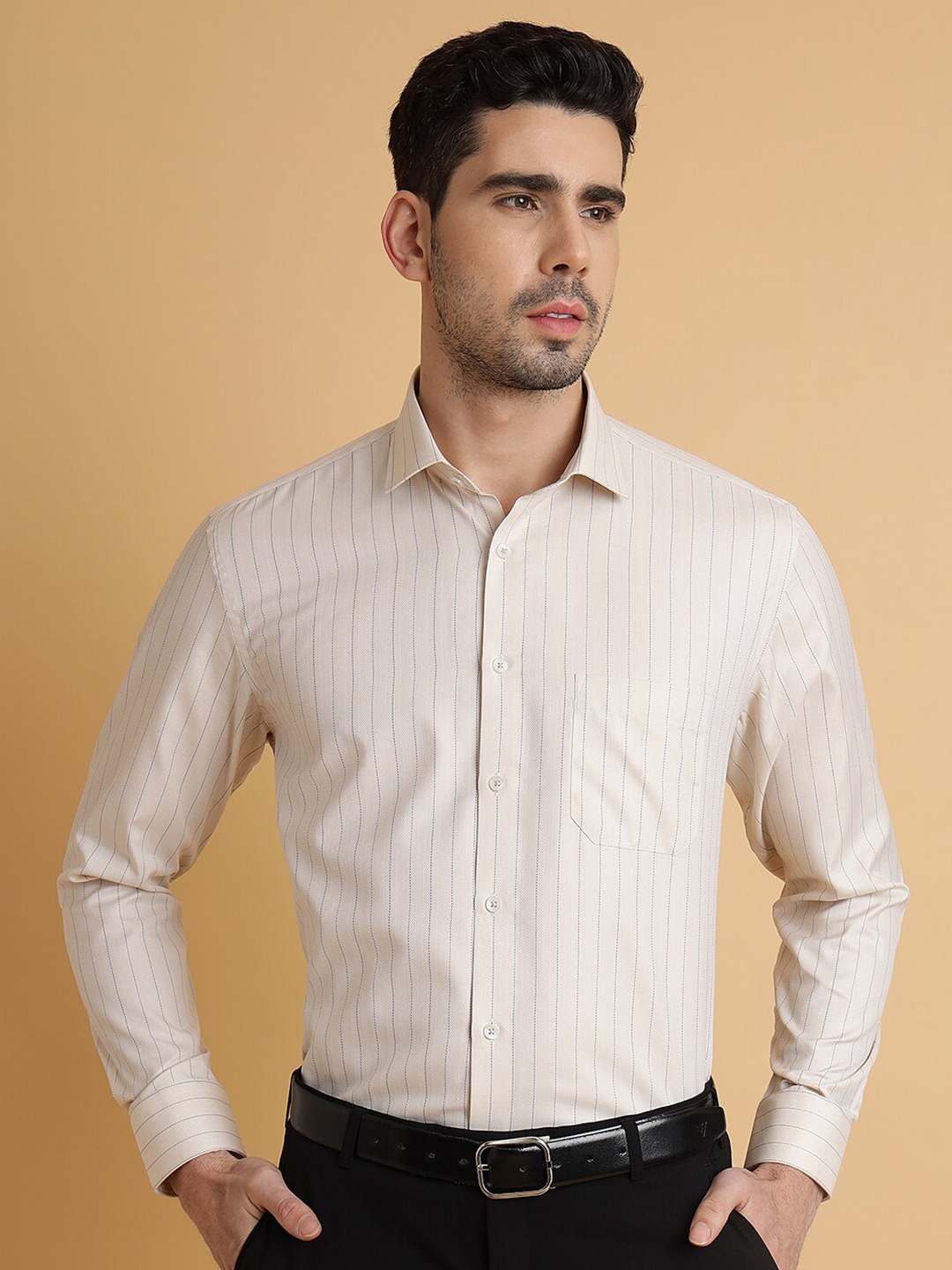 

Greenfibre Opaque Striped Cotton Formal Shirt, Beige