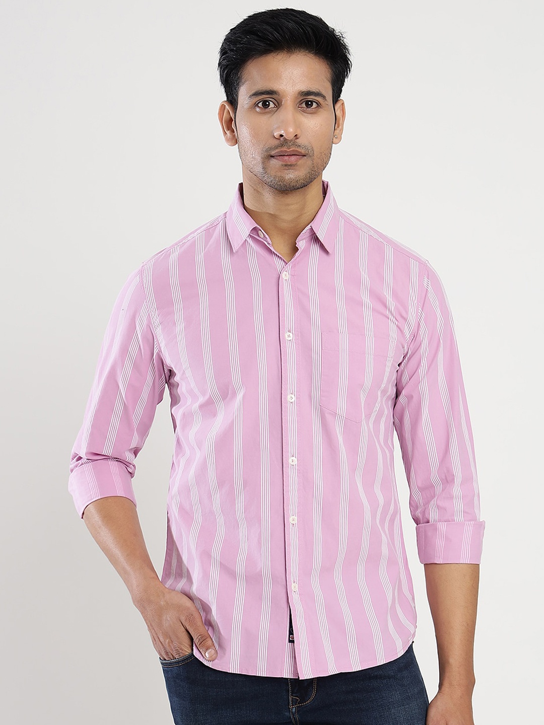 

Greenfibre Slim Fit Vertical Striped Cotton Casual Shirt, Pink