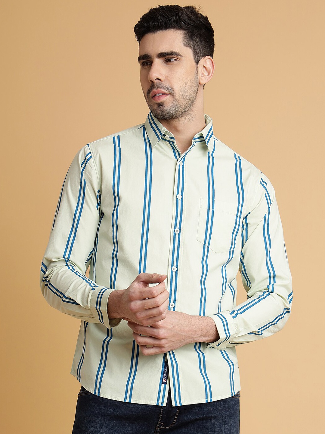

Greenfibre Slim Fit Vertical Striped Cotton Casual Shirt, Green