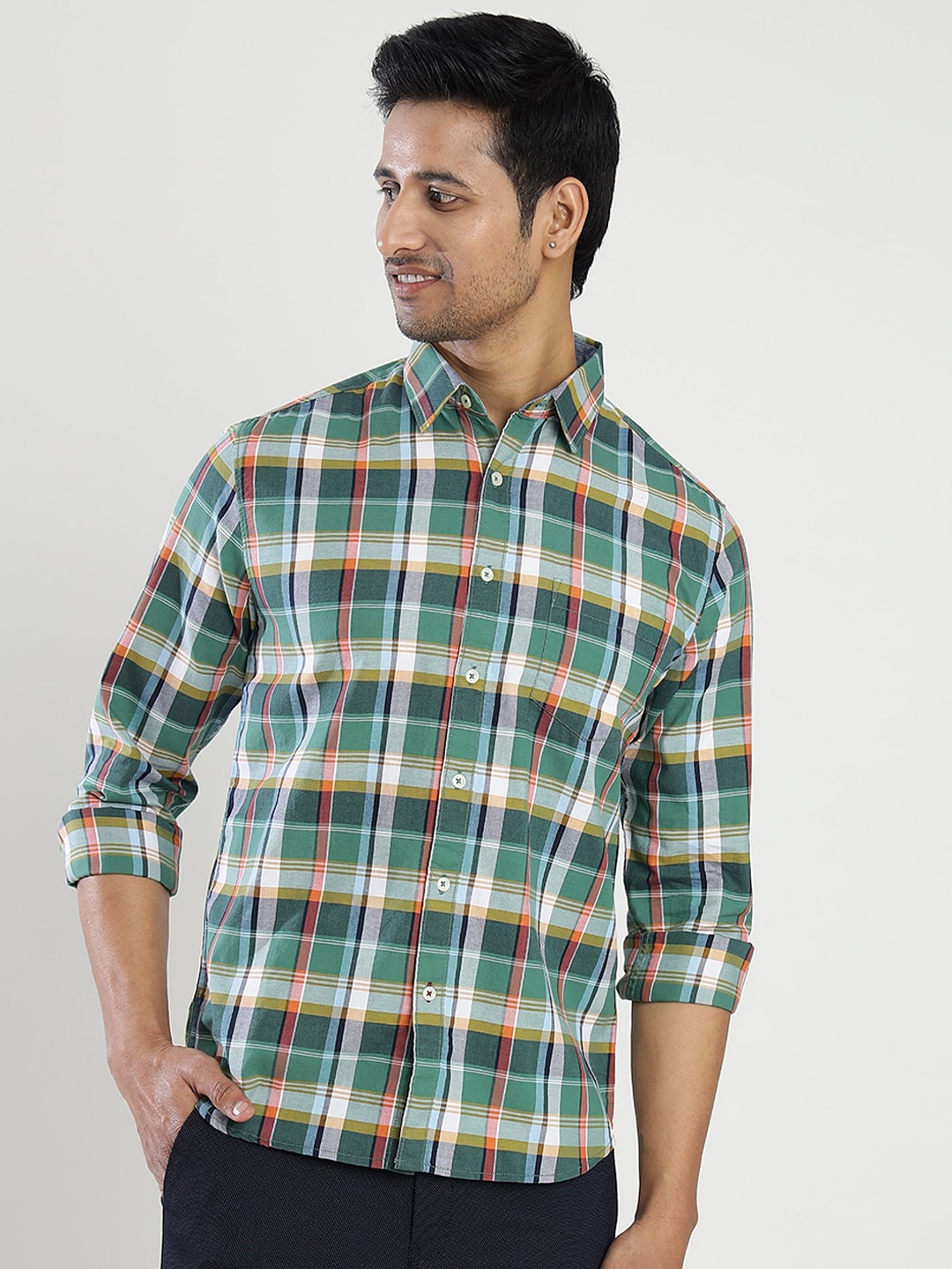 

Greenfibre Tartan Checks Checked Slim Fit Pure Cotton Casual Shirt, Green