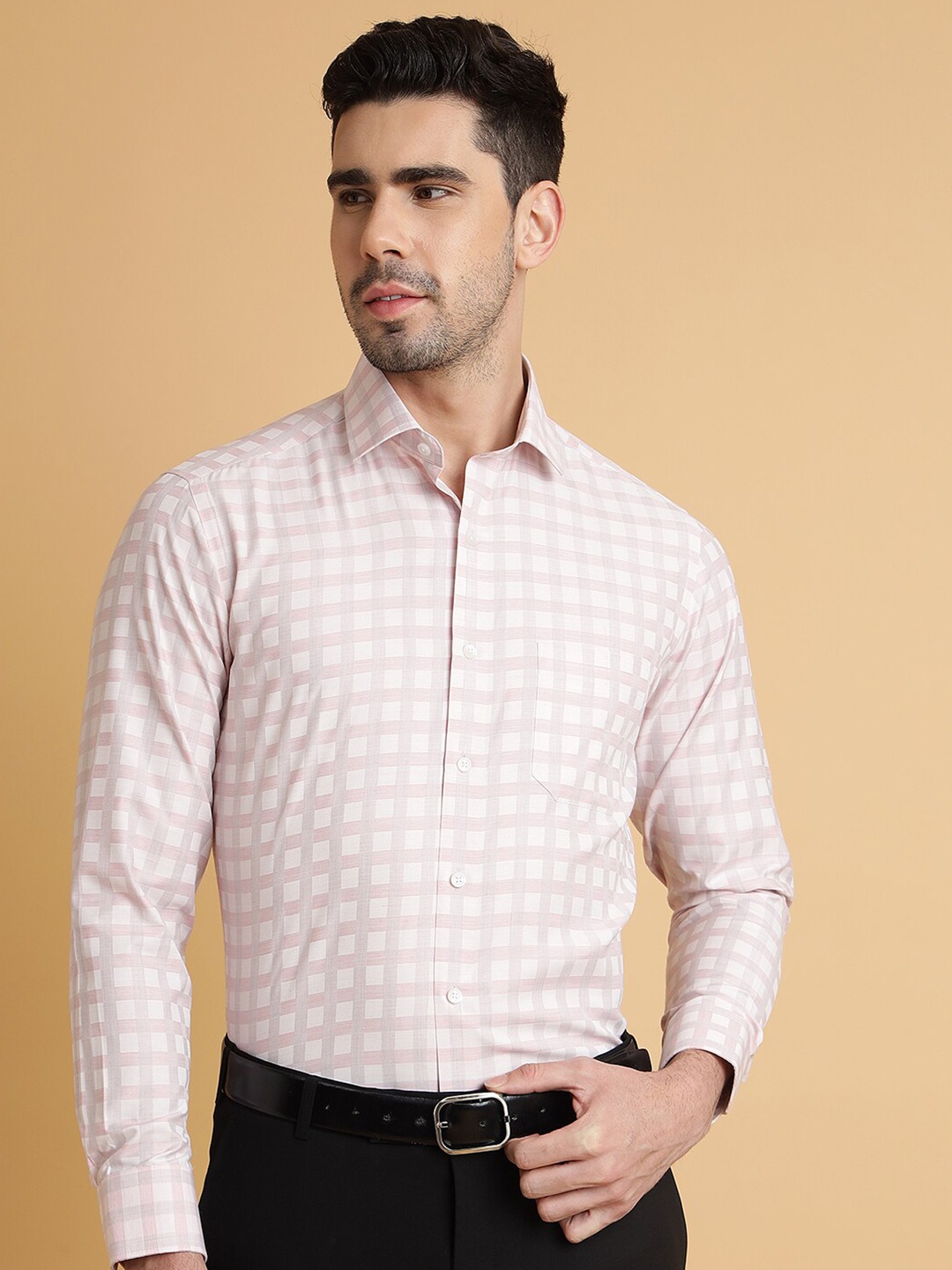 

Greenfibre Checked Slim Fit Cotton Opaque Formal Shirt, Pink