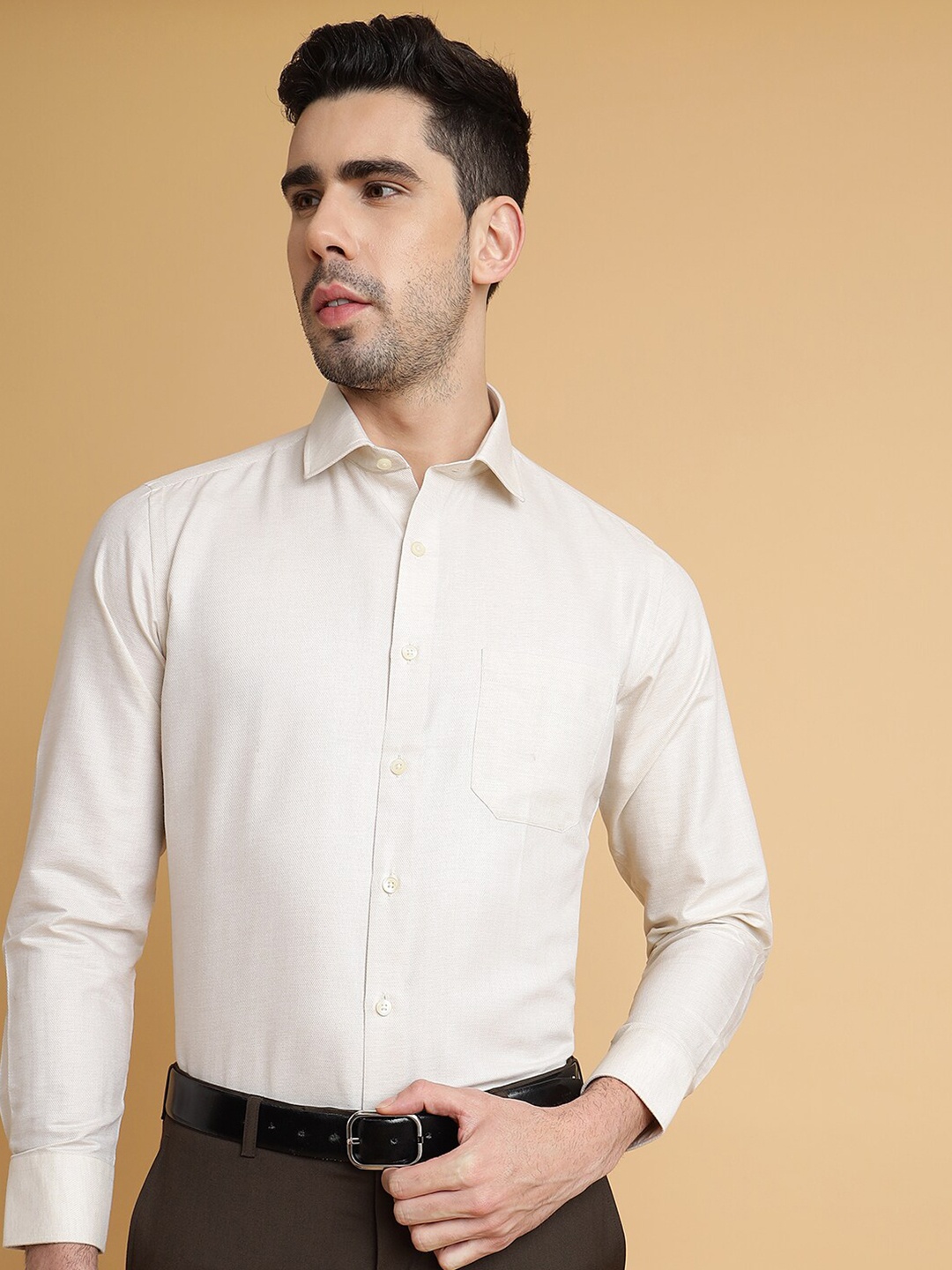 

Greenfibre Spread Collar Slim Fit Opaque Cotton Formal Shirt, Beige