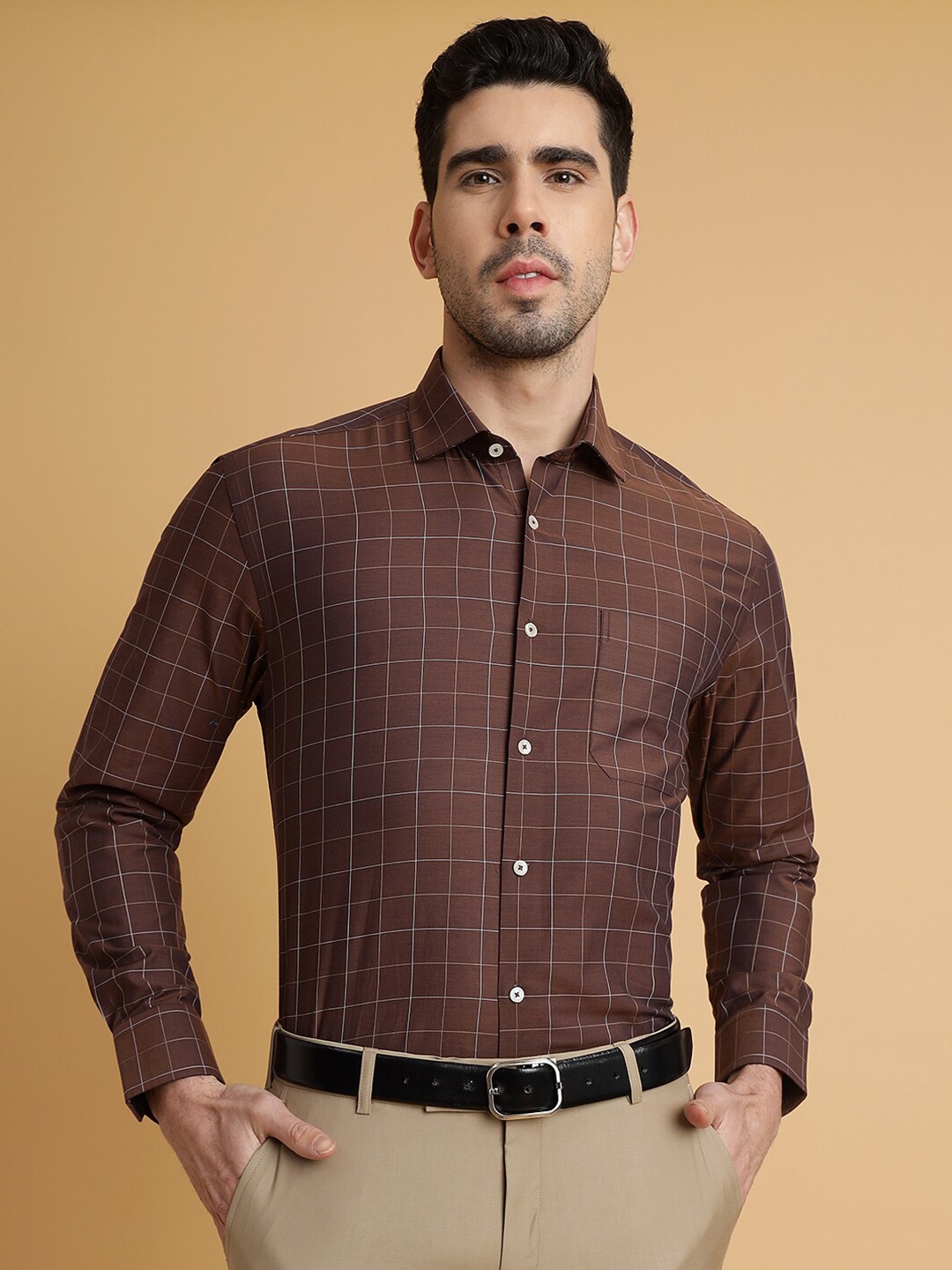 

JADE BLUE Grid Tattersall Checks Cotton Checked Formal Shirt, Brown
