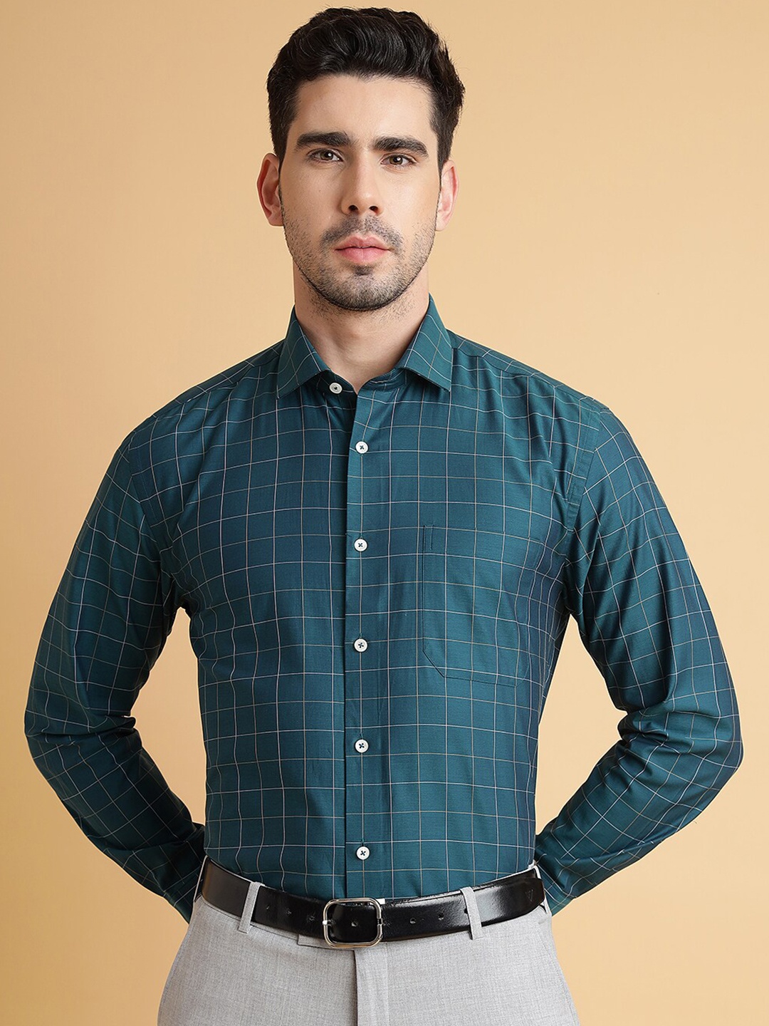 

JADE BLUE Grid Tattersall Checks Cotton Checked Formal Shirt, Green
