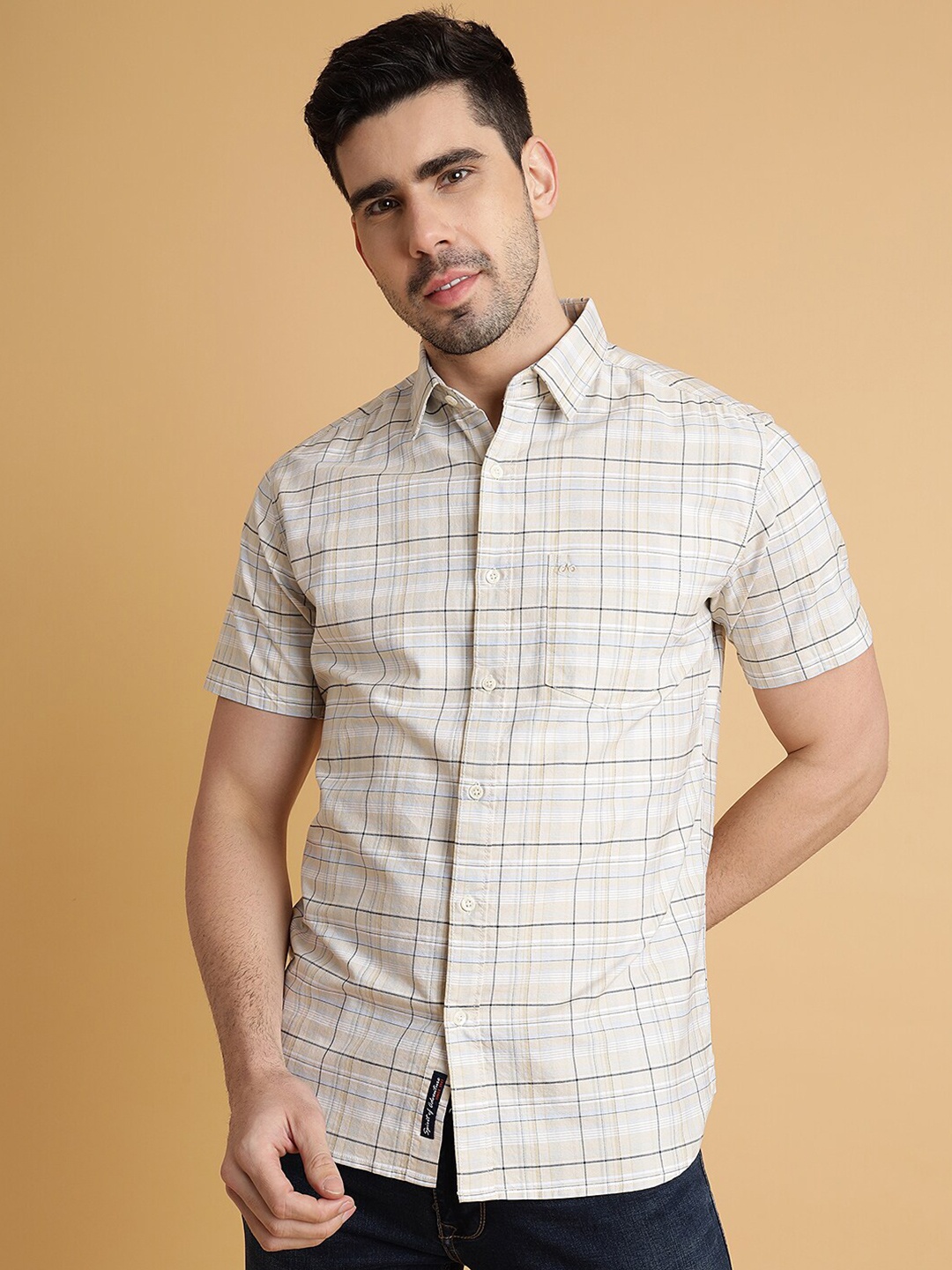 

JADE BLUE Slim Fit Cotton Checked Casual Shirt, Beige