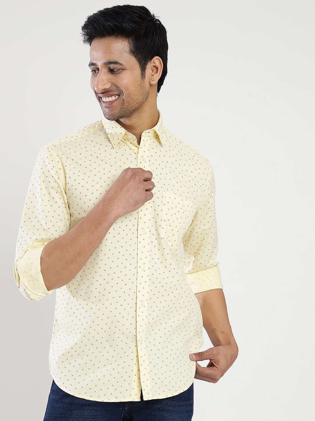 

JADE BLUE Slim Fit Micro Ditsy Printed Cotton Casual Shirt, Yellow