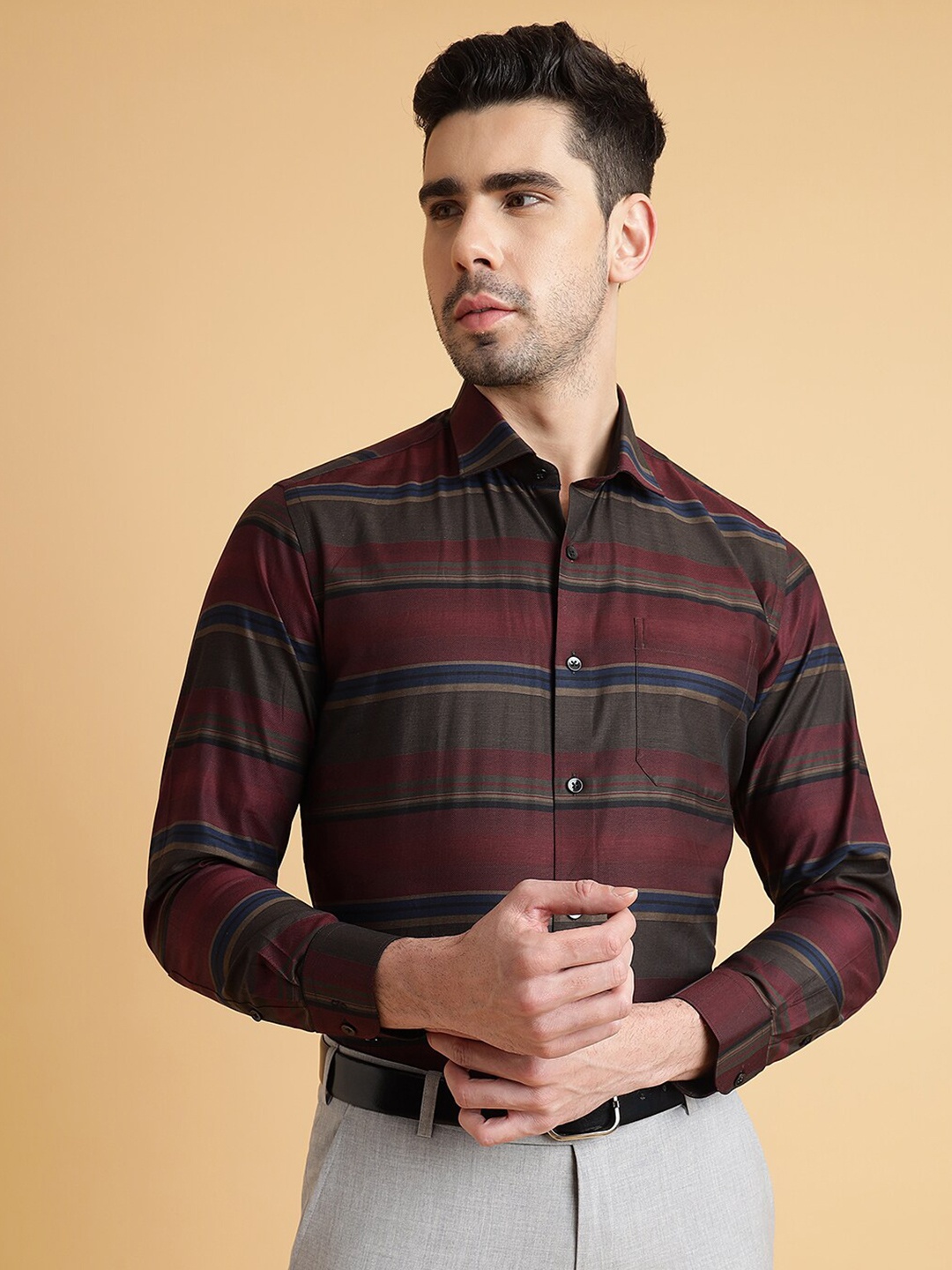 

METAL Slim Fit Horizontal Stripes Opaque Striped Cotton Formal Shirt, Maroon