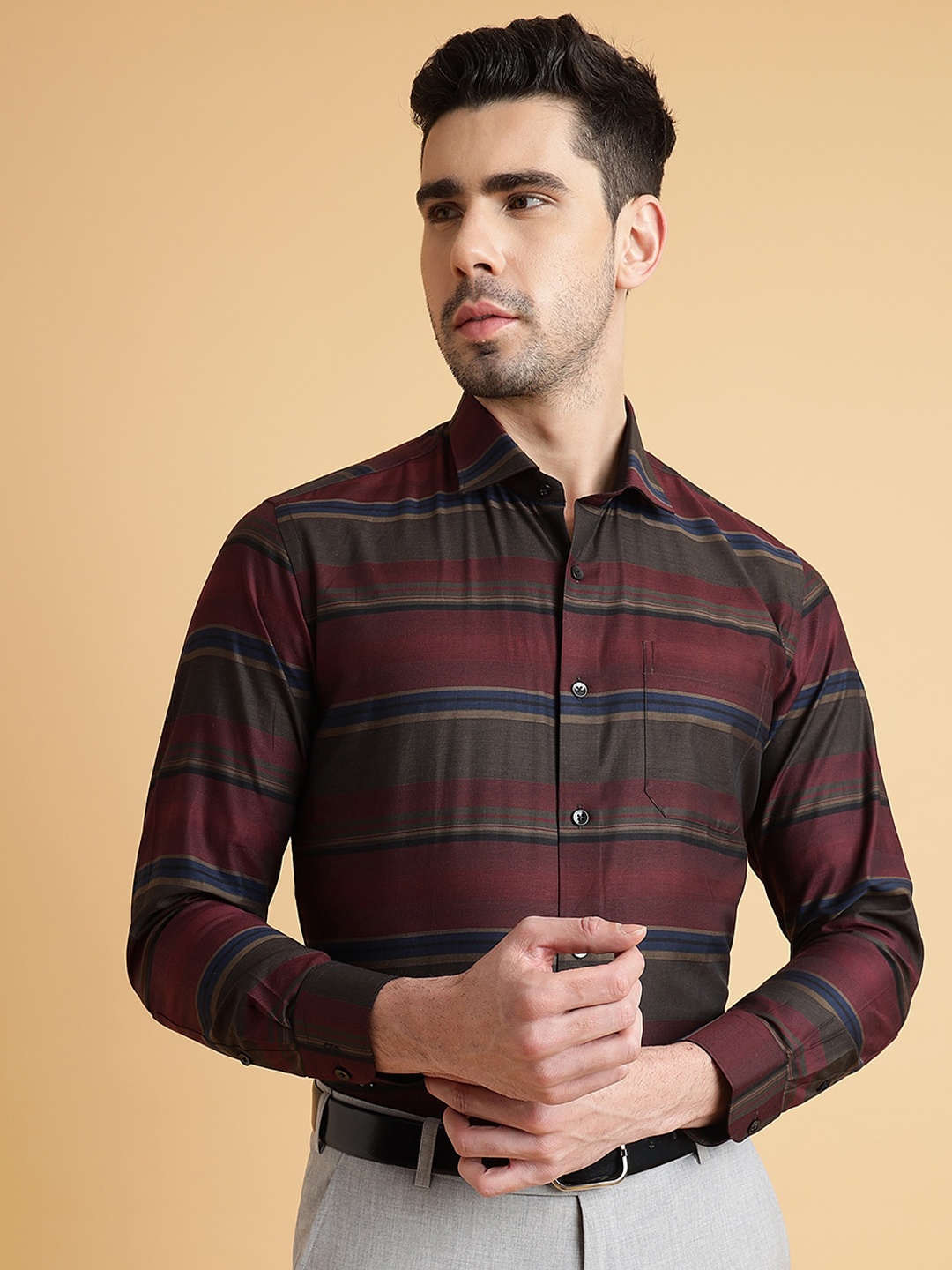 

METAL Slim Fit Horizontal Stripes Opaque Striped Cotton Formal Shirt, Maroon