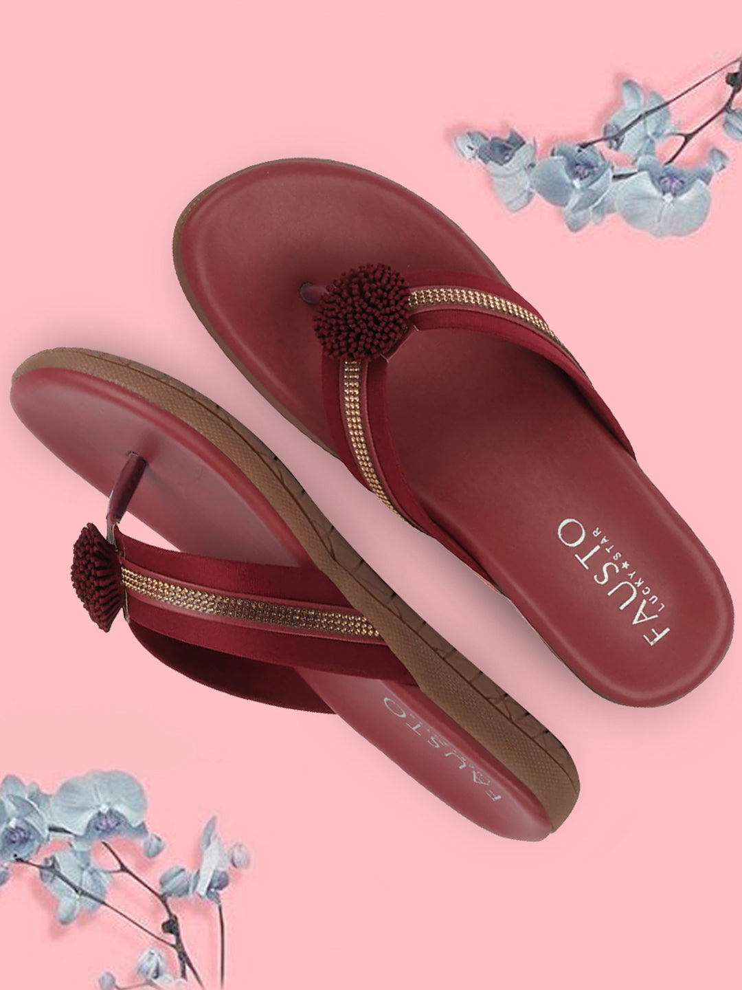 

FAUSTO Embellished T-Strap Flats, Maroon