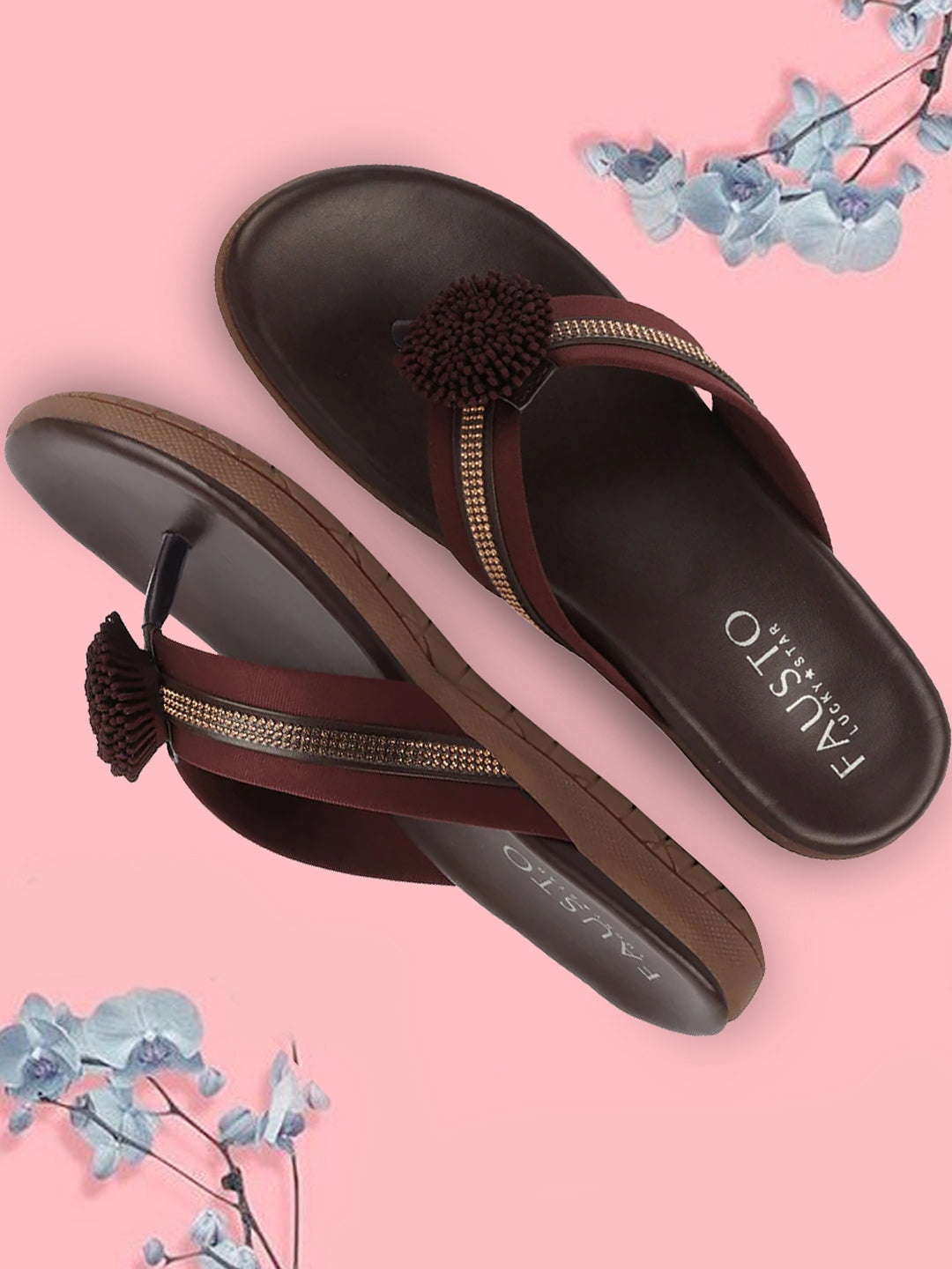 

FAUSTO Embellished Open Toe Flats, Brown