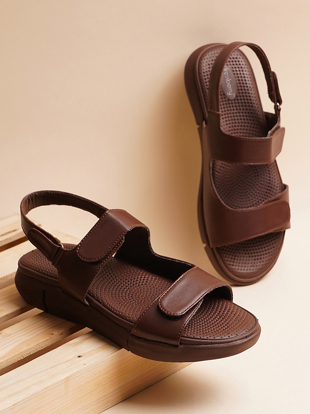 

DressBerry Brown Textured Open Toe Flats
