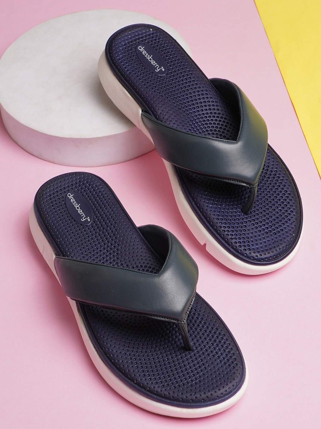 

DressBerry Teal Blue Textured Open Toe T-Strap Flats