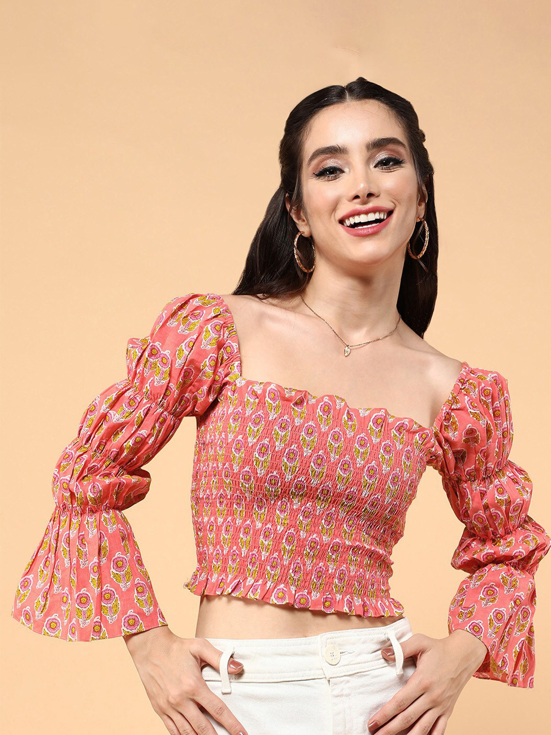 

aturabi Floral Print Square Neck Bell Sleeve Cotton Crop Top, Pink
