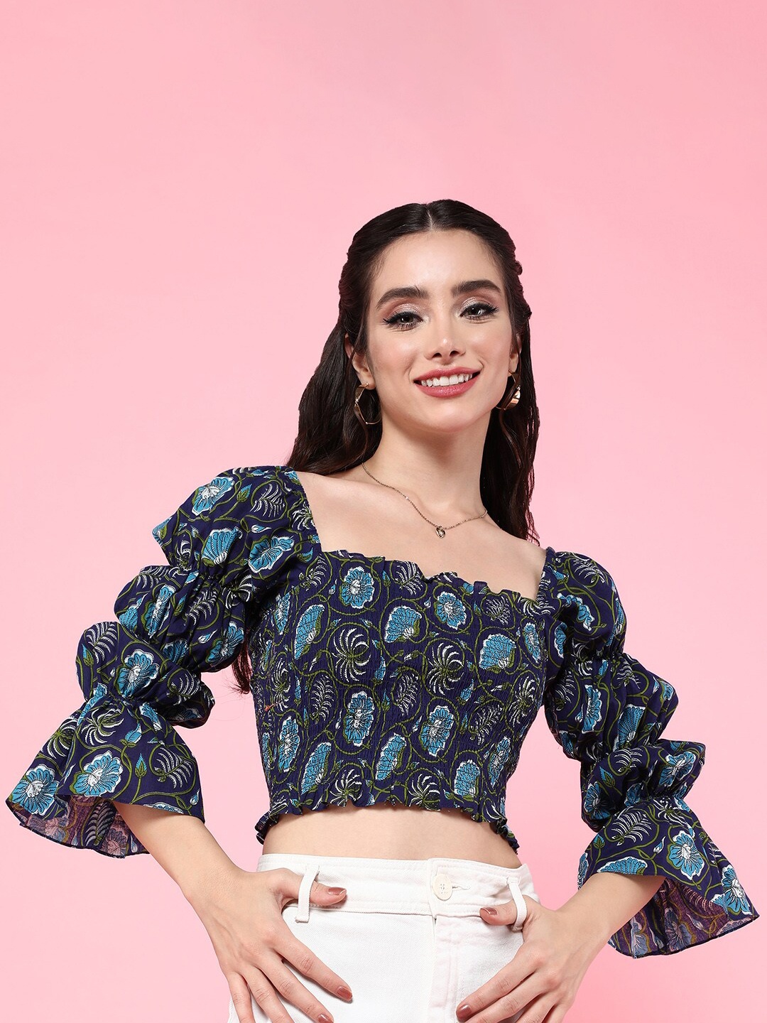 

aturabi Floral Print Bell Sleeve Cotton Blouson Crop Top, Blue