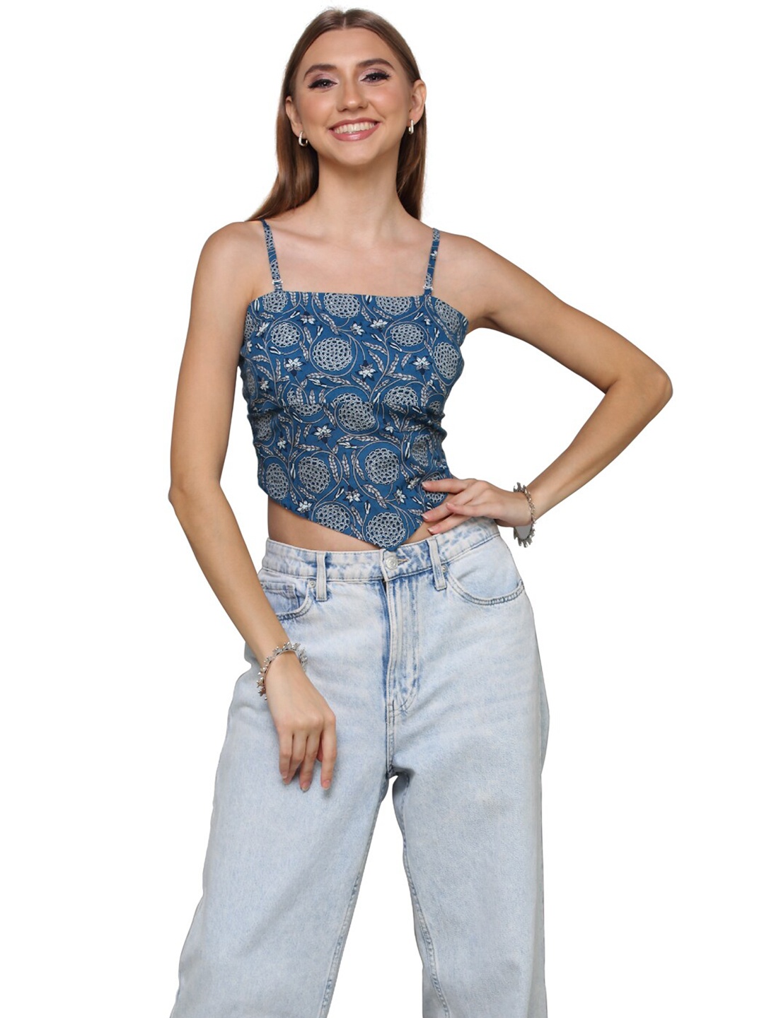 

aturabi Floral Print Shoulder Straps Cotton Crop Top, Blue