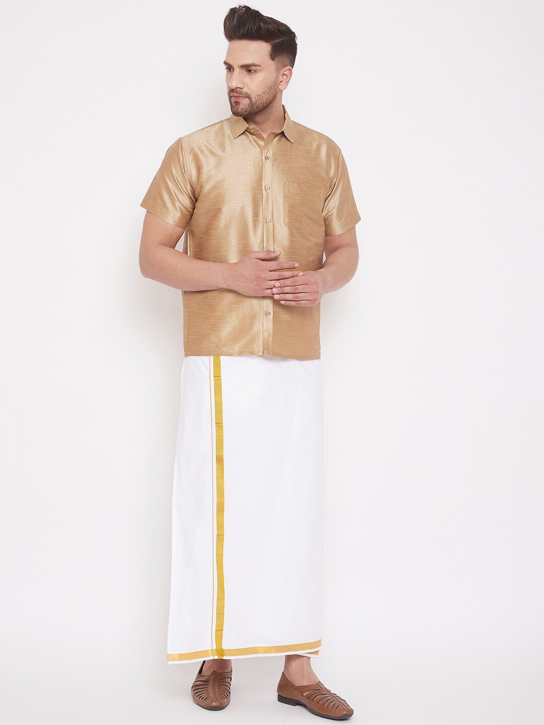 

VASTRAMAY Shirt With Veshti Set, Rose gold