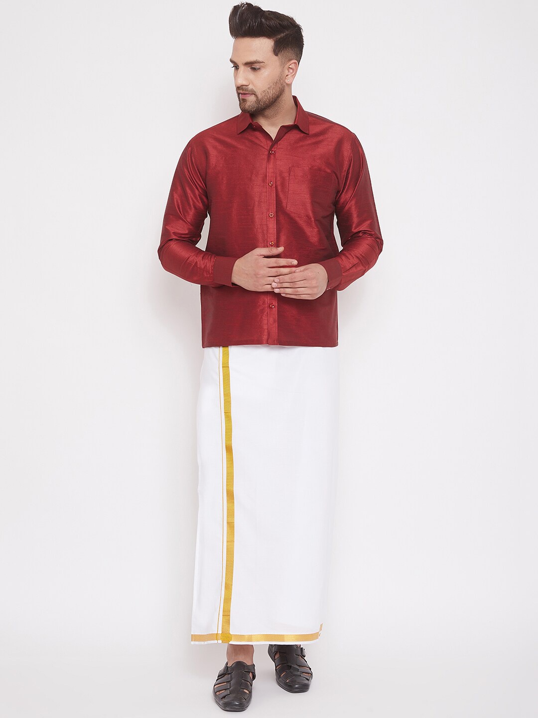 

VASTRAMAY Shirt With Veshti Set, Maroon