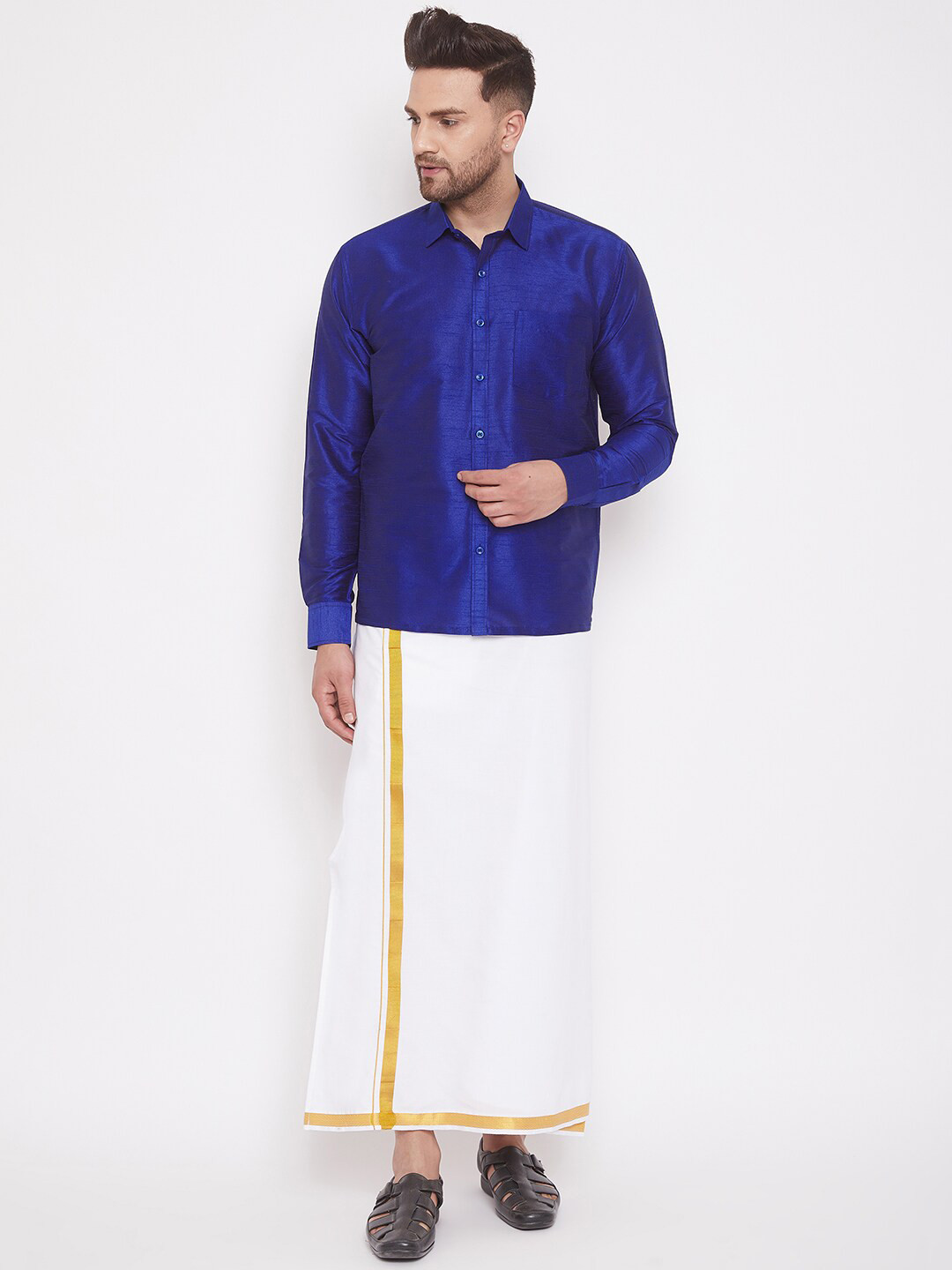 

VASTRAMAY Shirt With Veshti Set, Blue
