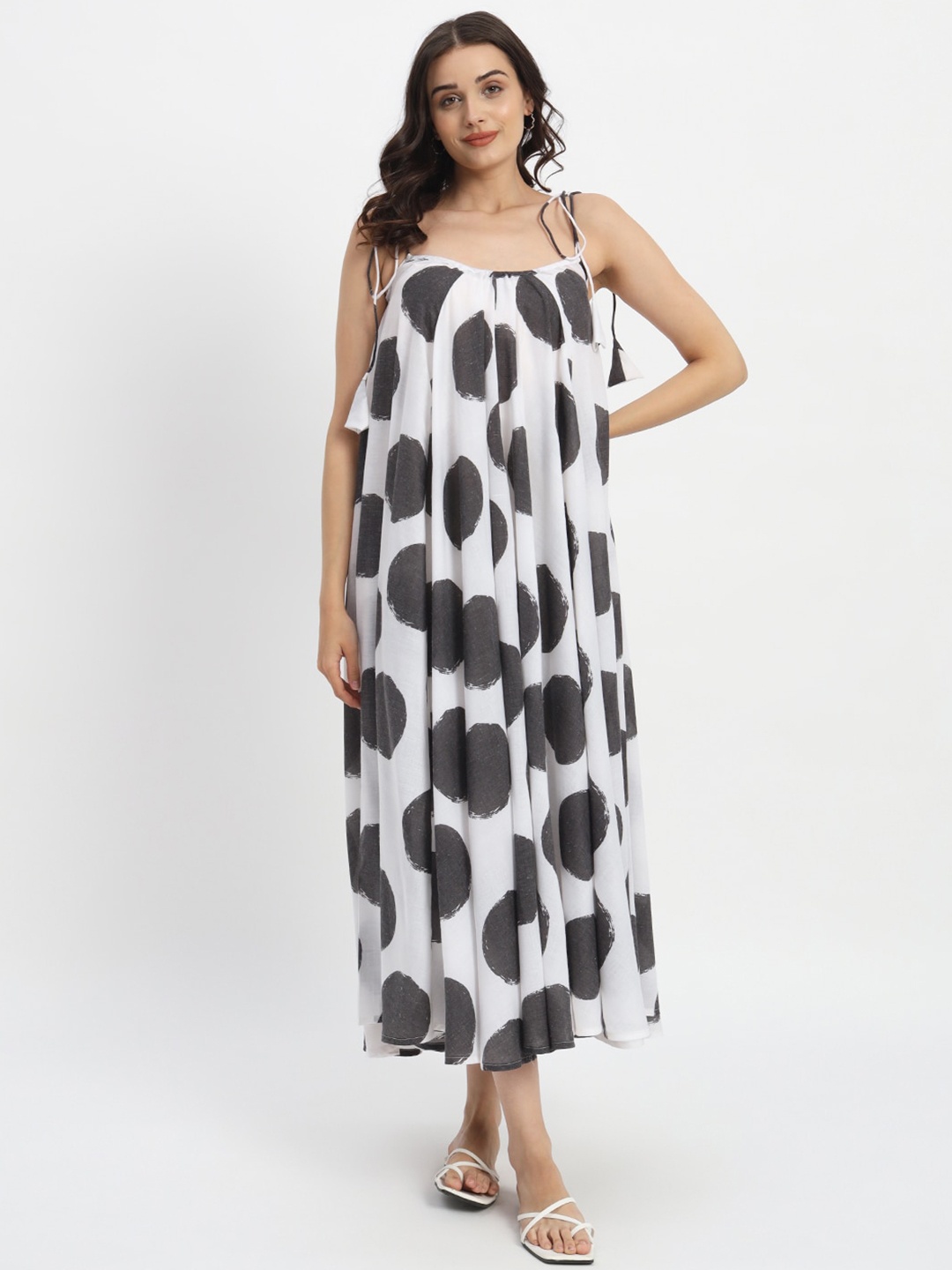 

FABNEST Abstract Printed Shoulder Straps Flared Cotton A-Line Midi Dress, Black