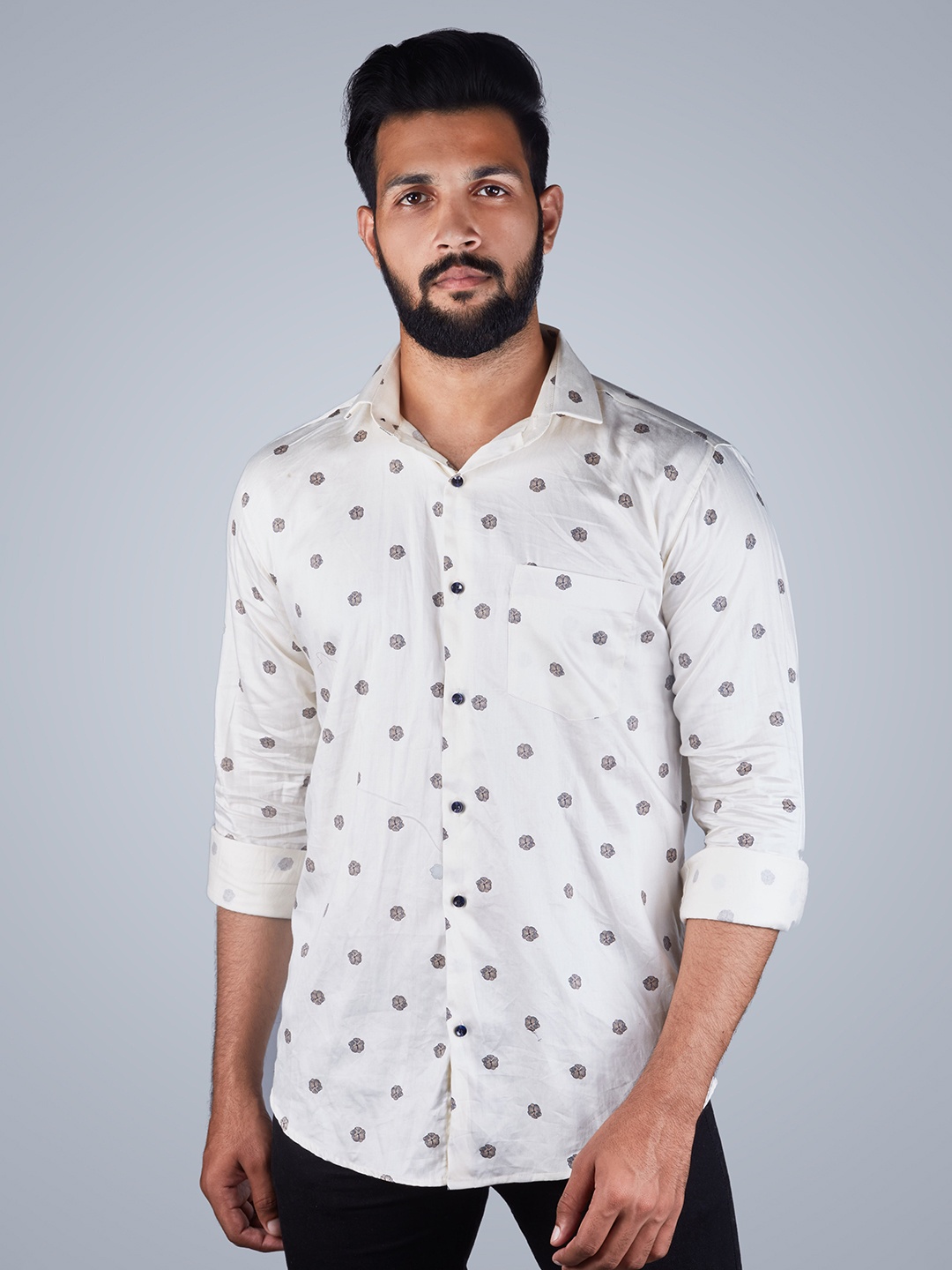 

INDIAN THREADS Comfort Cotton Polka Dots Printed Casual Shirt, White