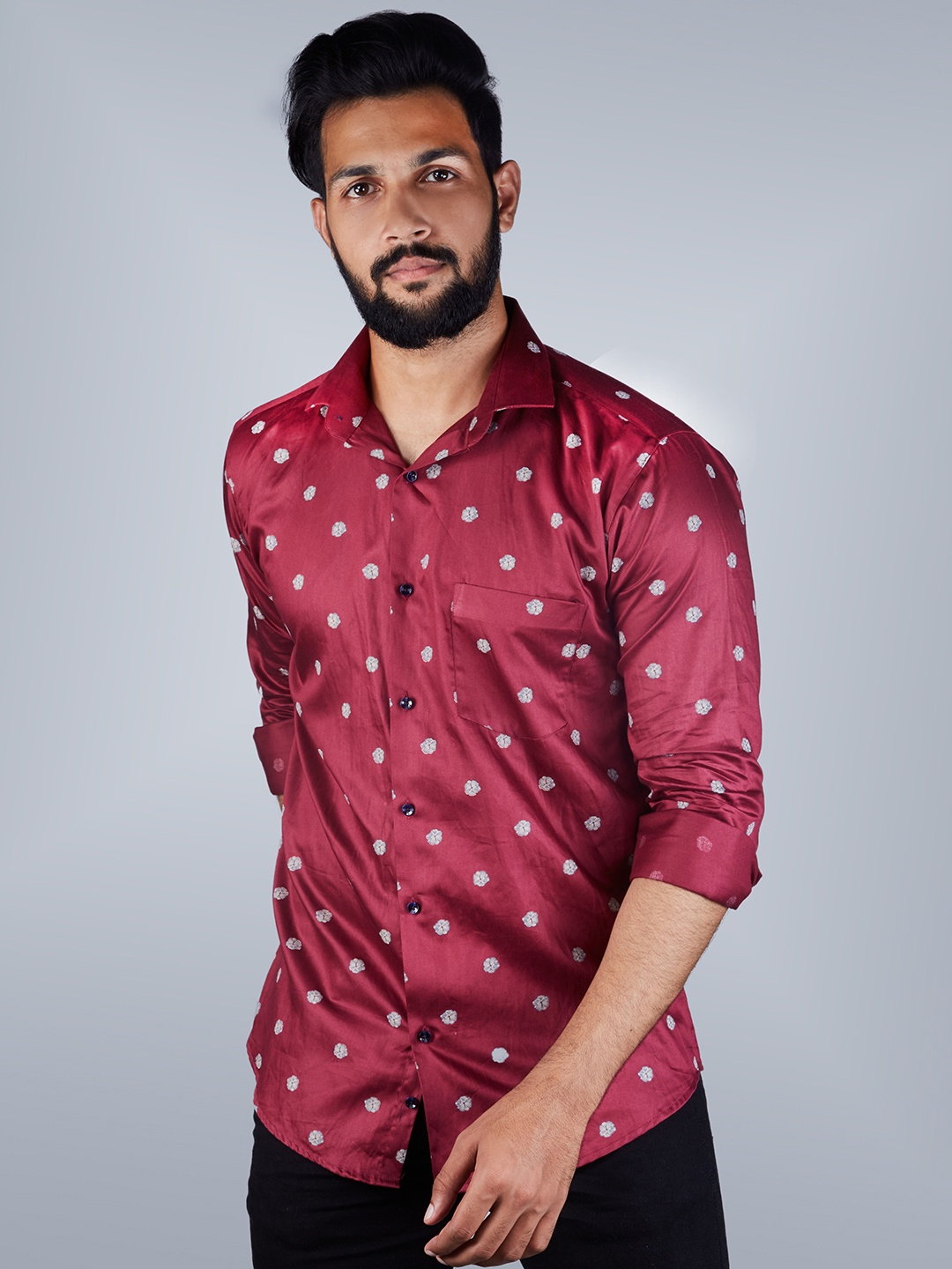 

INDIAN THREADS Comfort Cotton Polka Dots Printed Casual Shirt, Maroon