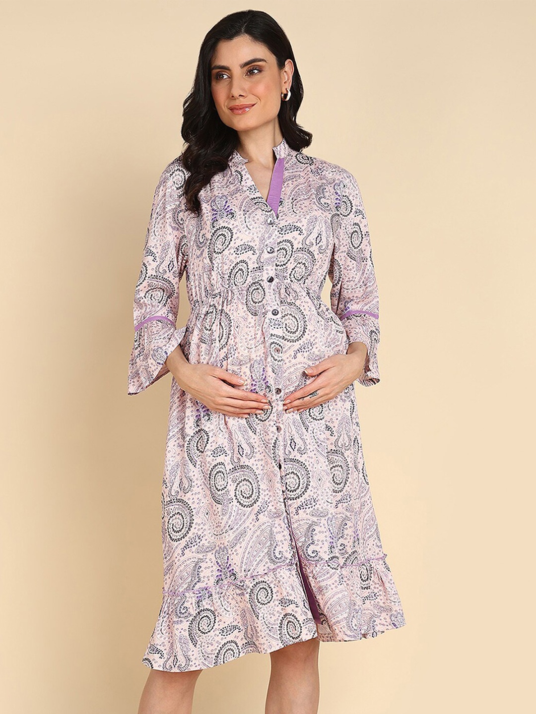 

House Of Zelena Ethnic Motifs Print Bell Sleeves Maternity Shirt Dress, Pink