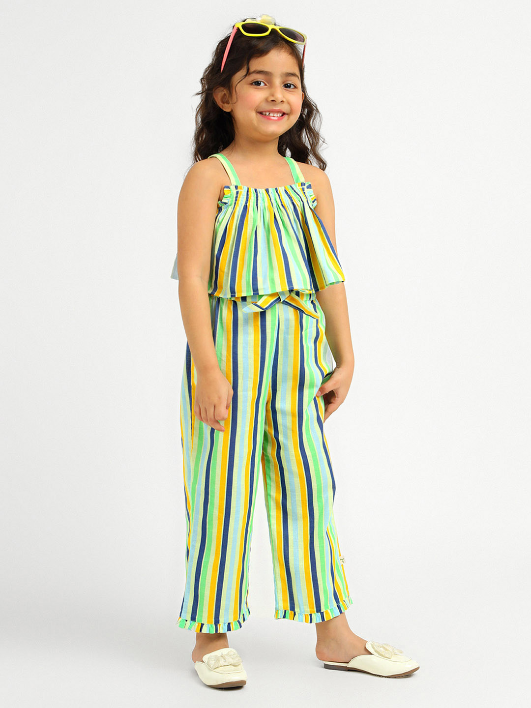 

Somersault Girls Striped Shoulder Straps Pure Cotton Top With Palazzos, Green
