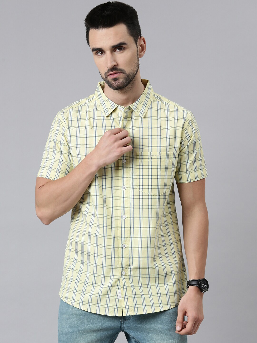 

Joven Checked Spread Collar Short Sleeves Cotton Casual Shirt, Yellow