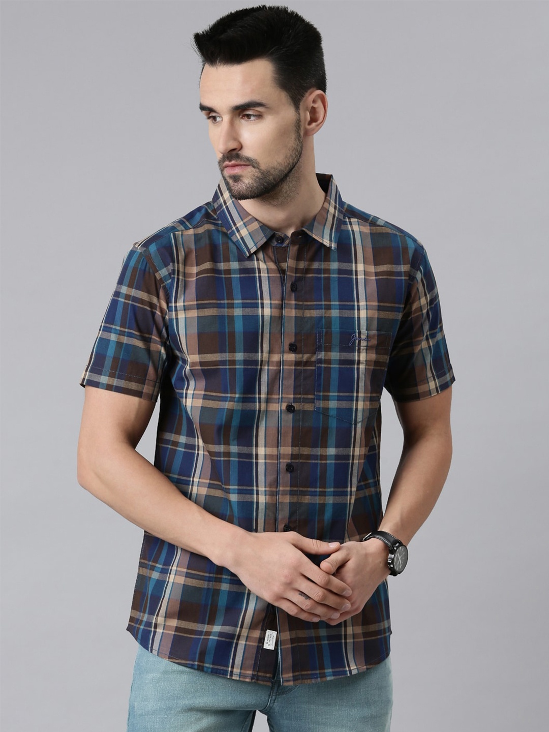 

Joven Tartan Checks Spread Collar Short Sleeves Cotton Cotton Casual Shirt, Olive