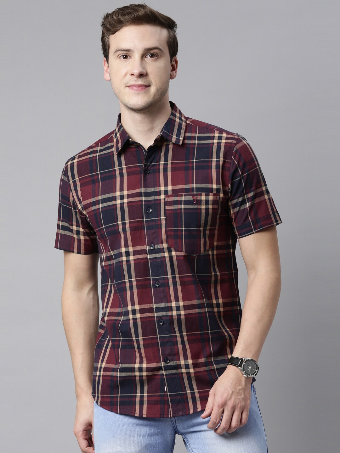 

Joven Spread Collar Slim Fit Tartan Checks Cotton Casual Shirt, Maroon