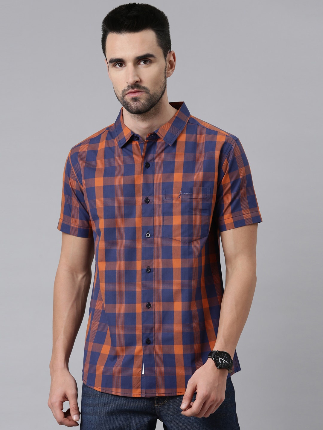 

Joven Comfort Checked Spread Collar Short Sleeves Cotton Casual Shirt, Blue