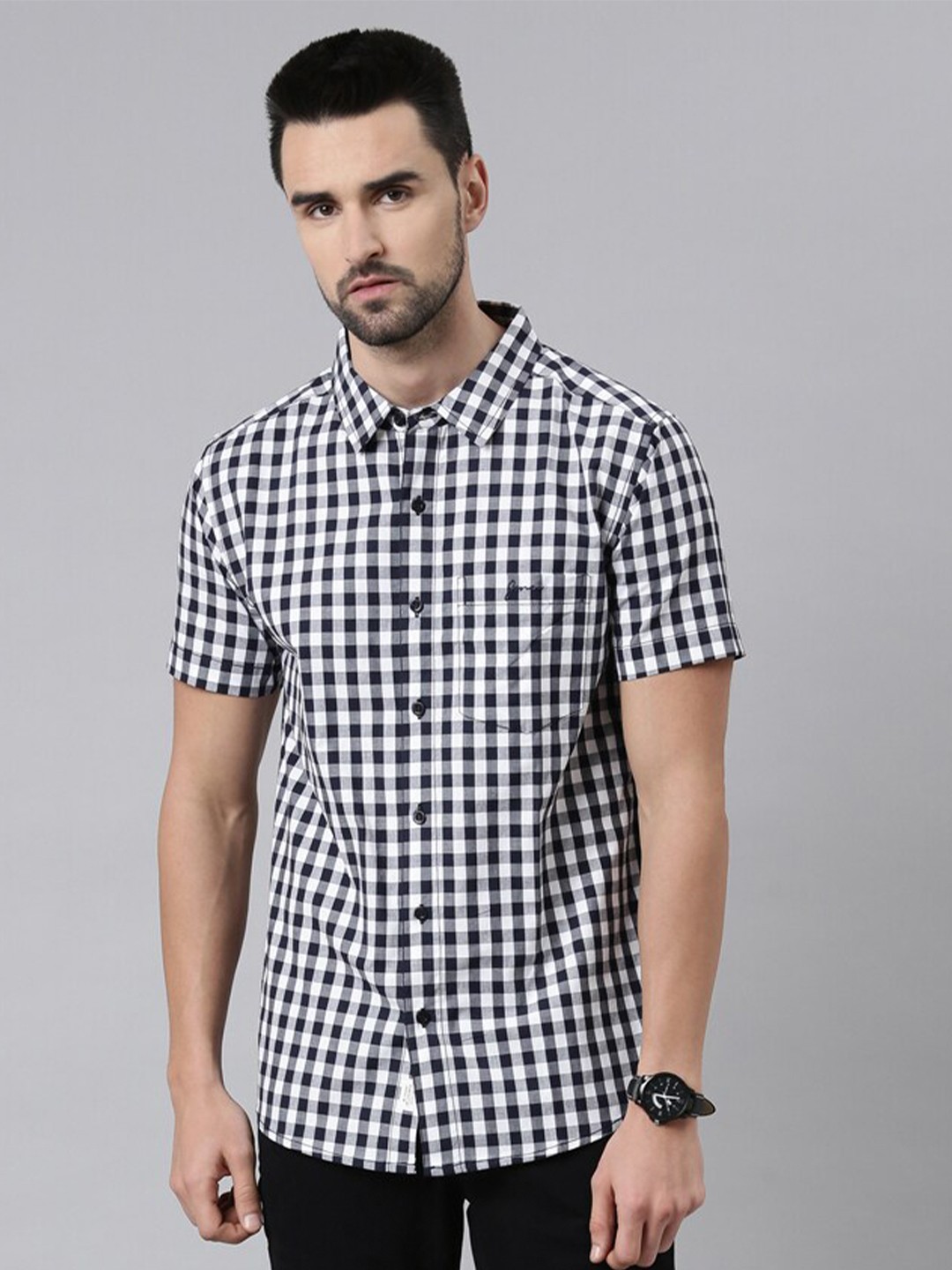 

Joven Buffalo Checks Spread Collar Cotton Casual Shirt, Navy blue
