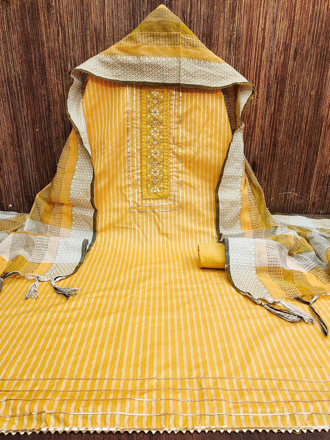 

Lilots Striped Woven Design Zari Unstitched Dress Material, Yellow