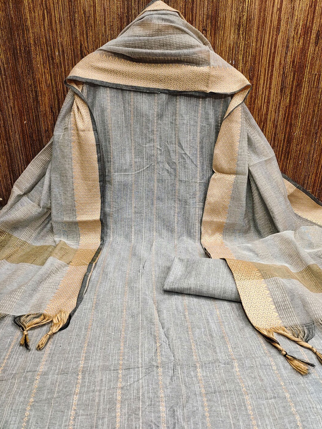 

Lilots Striped Woven Design Zari Unstitched Dress Material, Grey