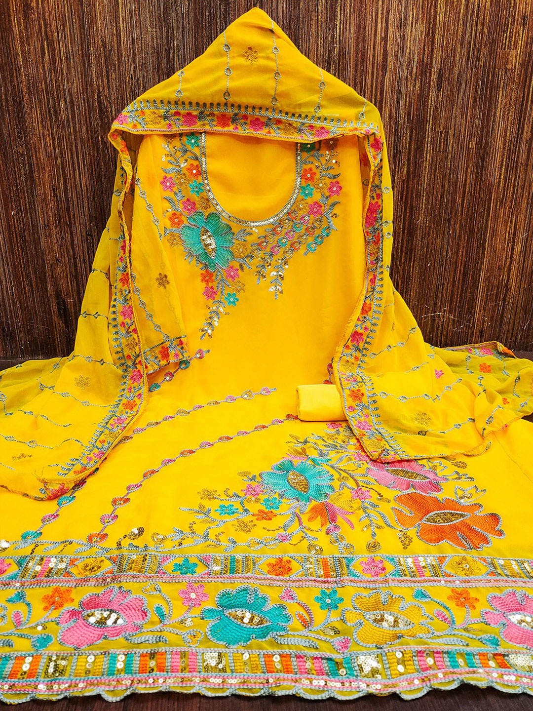 

Lilots Ethnic Motifs Embroidered Sequinned Unstitched Dress Material, Yellow