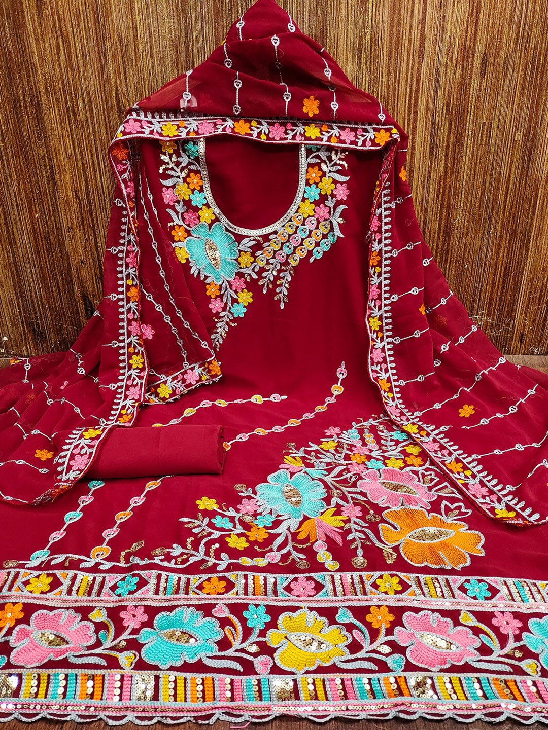 

Lilots Floral Embroidered Sequinned Unstitched Dress Material, Maroon