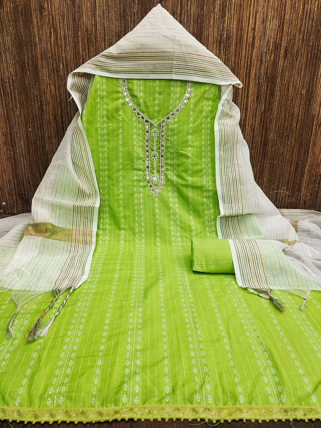 

Lilots Striped Embroidered Unstitched Dress Material, Green