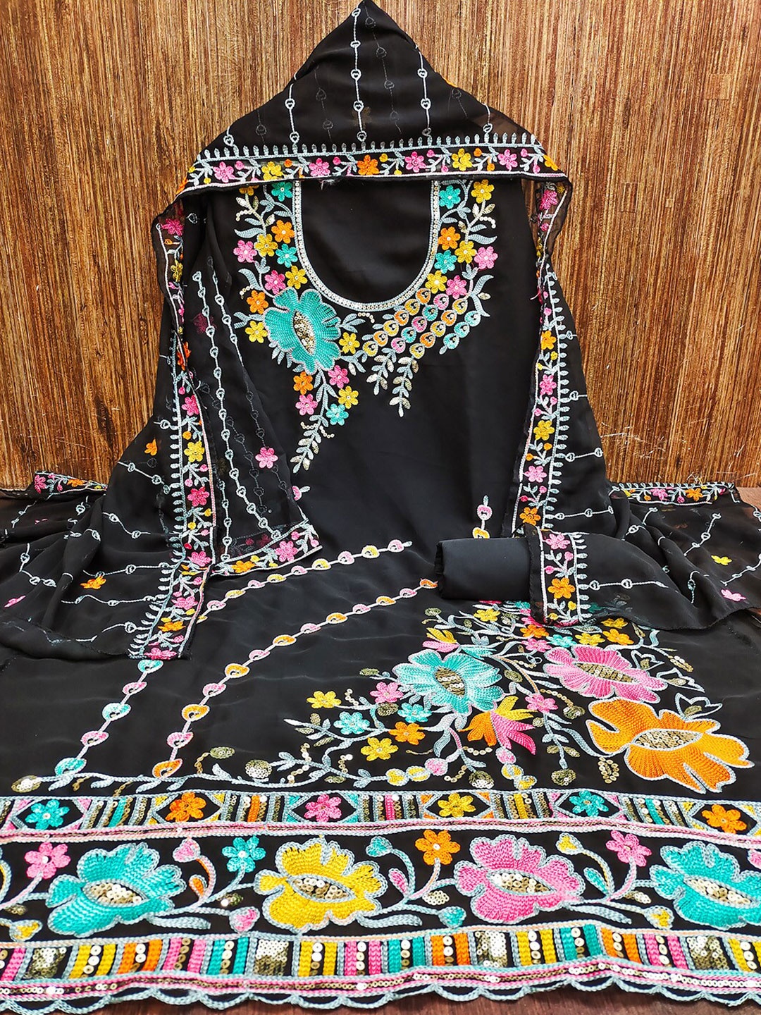 

Lilots Floral Embroidered Thread Work Unstitched Dress Material, Black