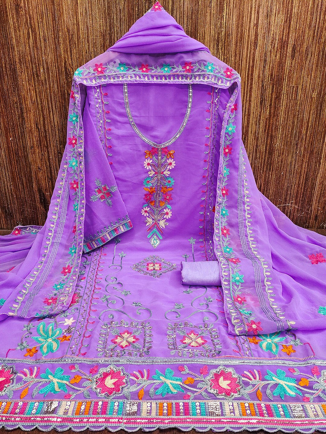 

Lilots Floral Embroidered Thread Work Unstitched Dress Material, Purple