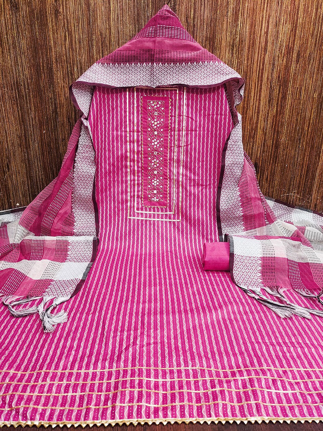 

Lilots Striped Embroidered Gotta Patti Unstitched Dress Material, Pink