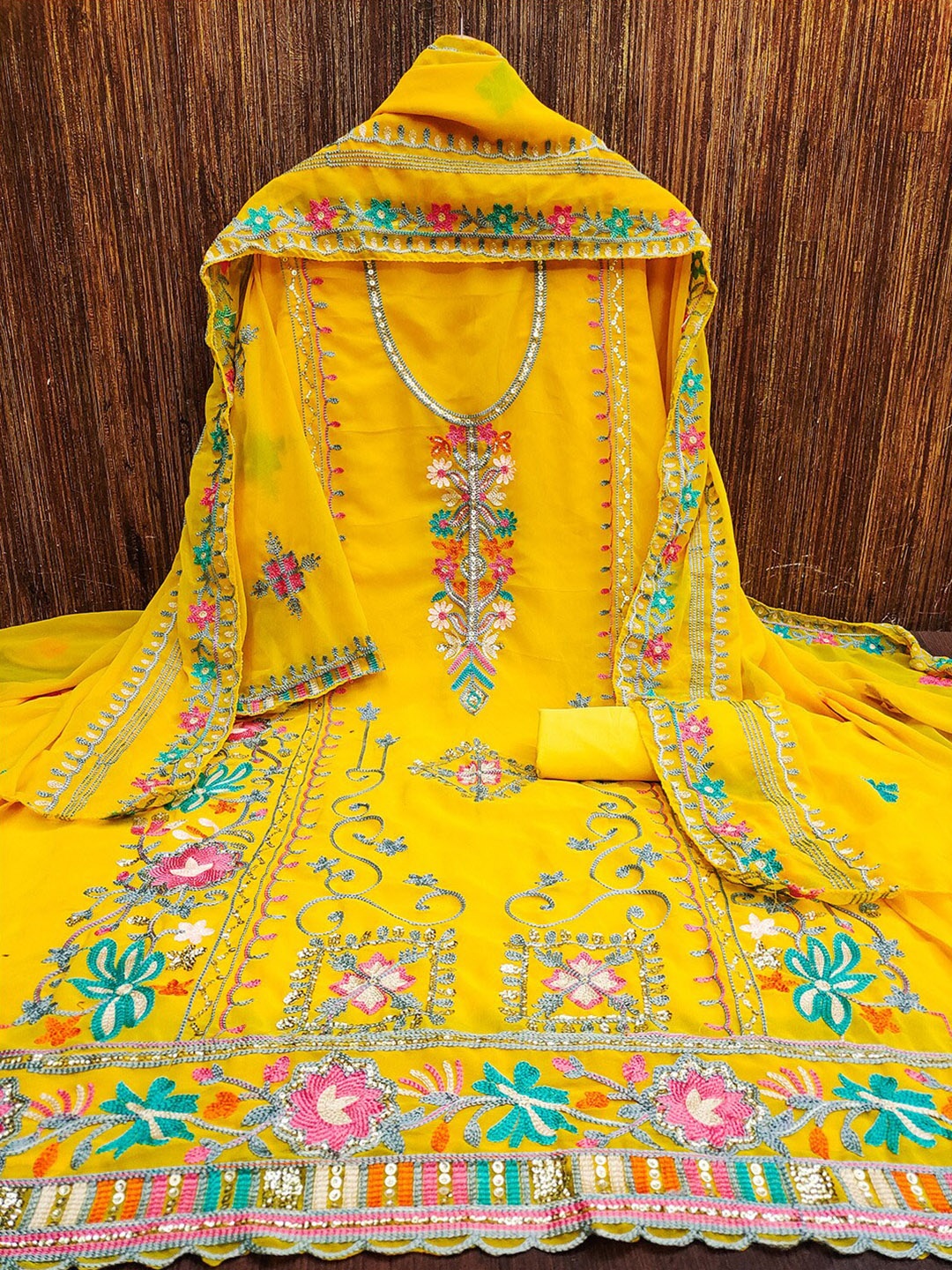 

Lilots Floral Embroidered Unstitched Dress Material, Yellow