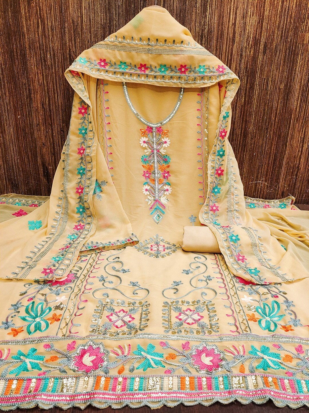 

Lilots Floral Embroidered Unstitched Dress Material, Beige