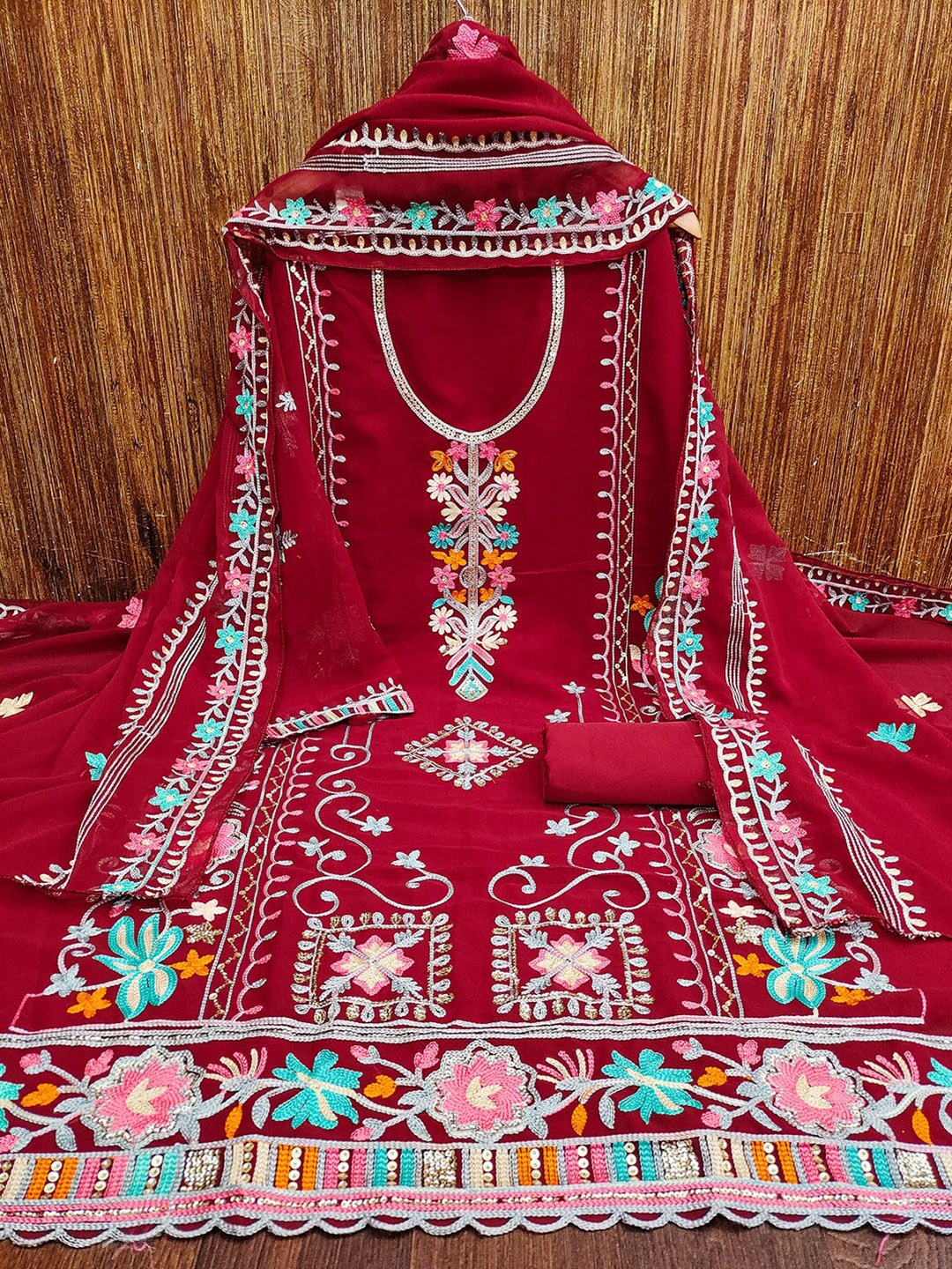 

Lilots Floral Embroidered Sequinned Unstitched Dress Material, Maroon